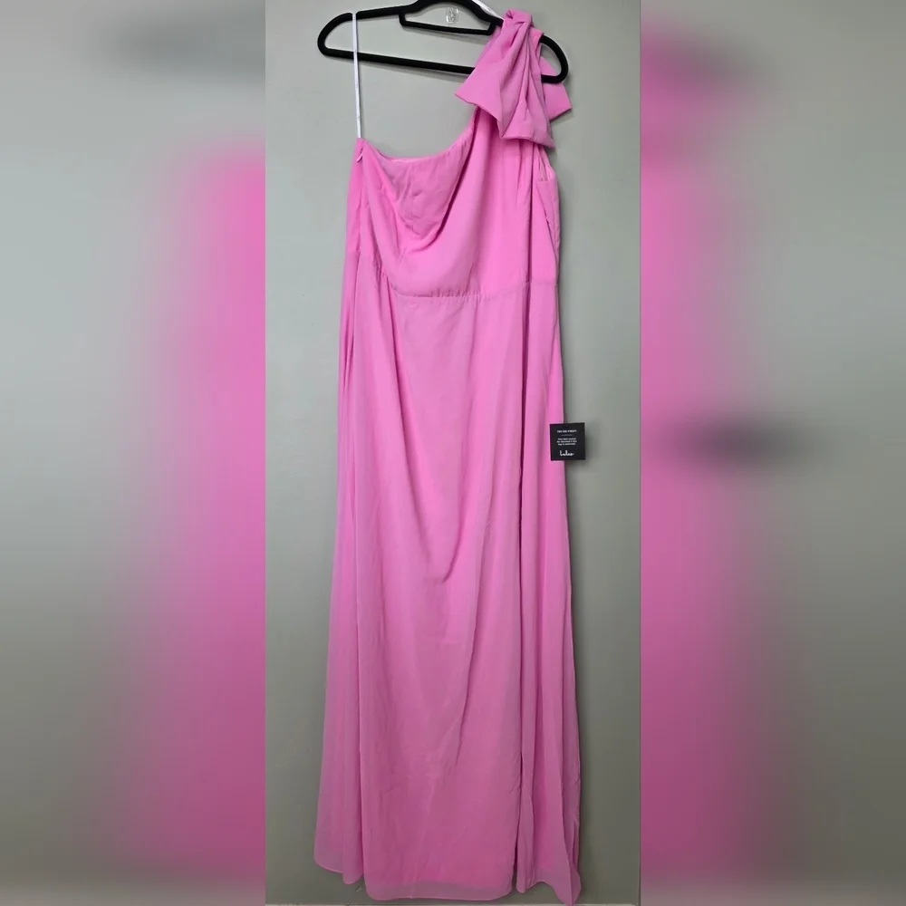 Lulus 3X Simply Brilliant Pink One-Shoulder Bow Maxi Dress, Size 3X